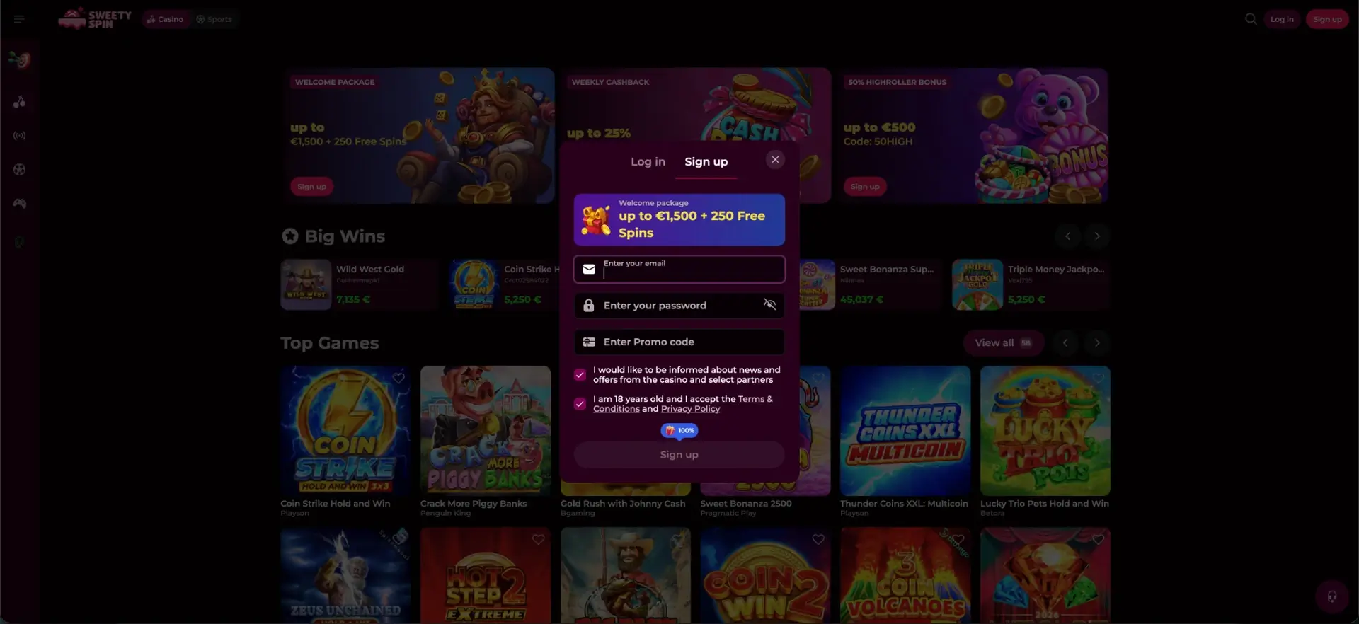 Sweetyspin Casino interface and features